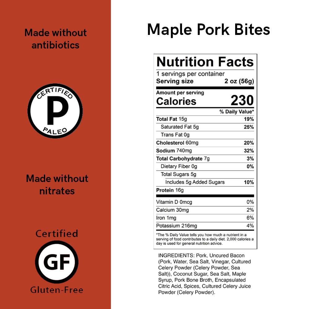 Caveman Maple Pork Meat Bites in pouches, showcasing gluten-free, protein-rich snacks made from antibiotic-free pork.