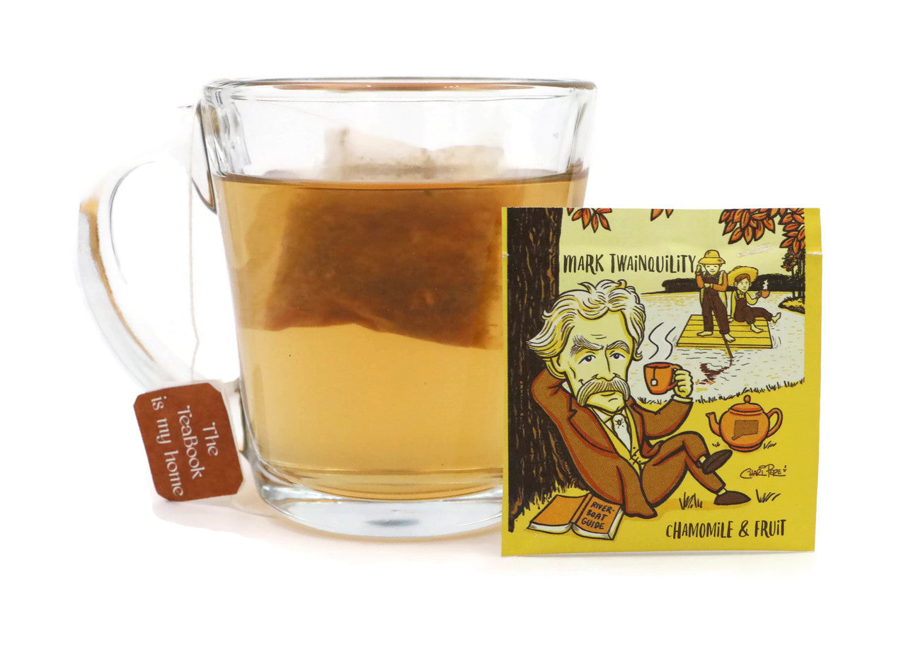 Mark Twainquility Organic Chamomile & Fruit Tea packaging featuring vibrant artwork and eco-friendly design.