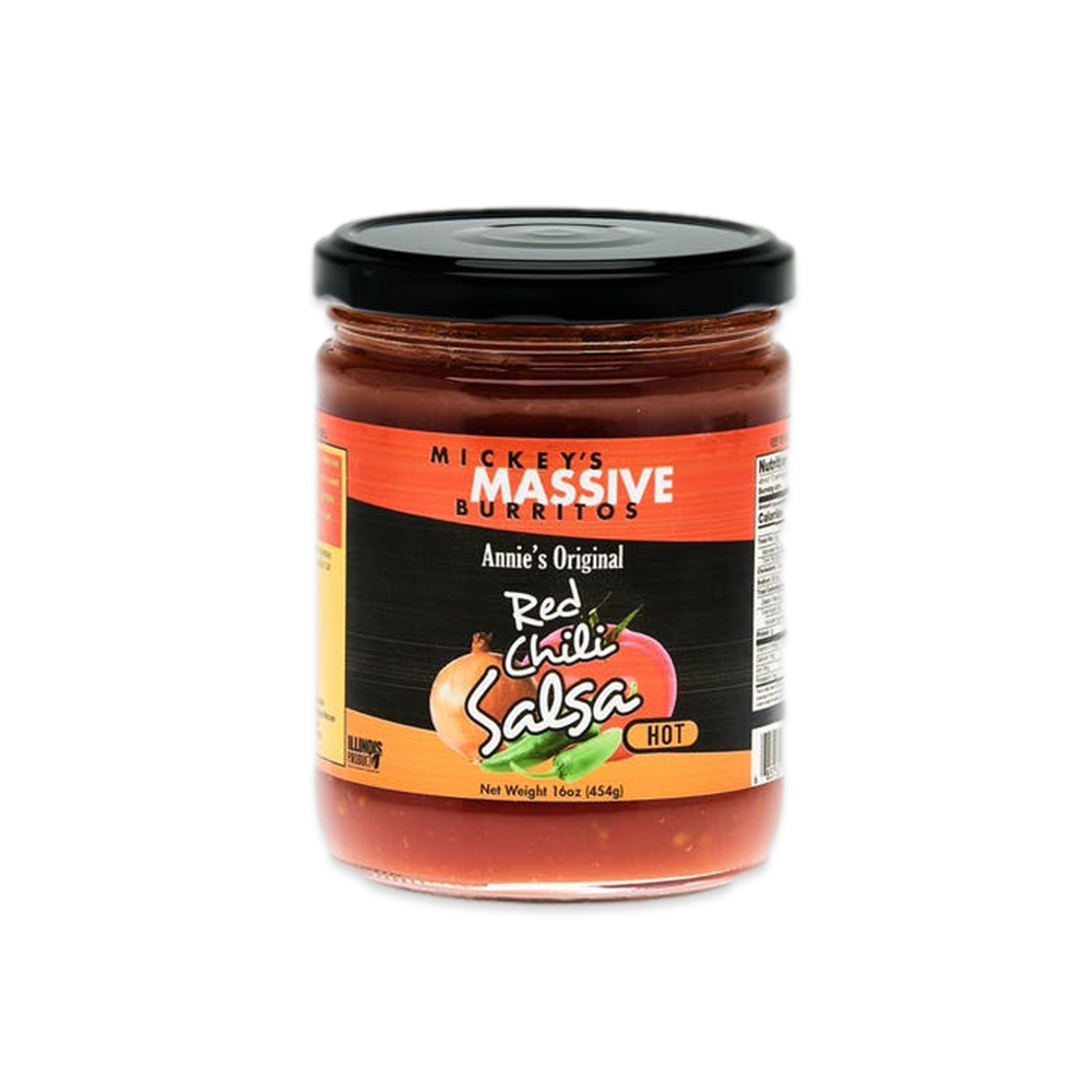 A jar of Mickey's Massive Hot Salsa with vibrant red color, showcasing fresh ingredients like tomatoes and peppers, perfect for enhancing meals.