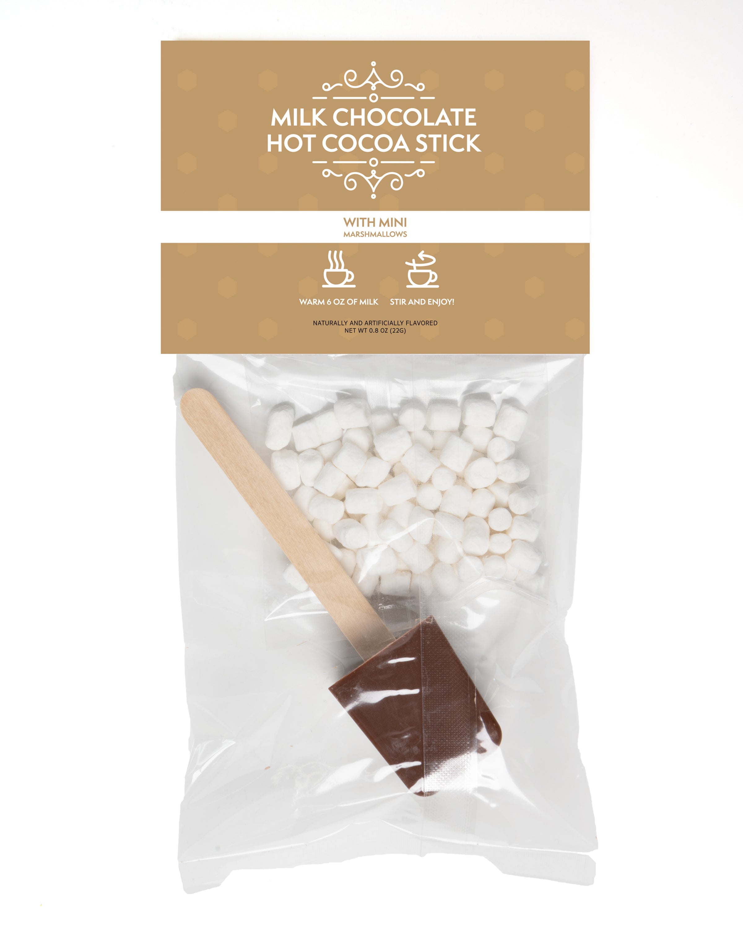 A pack of Milk Chocolate Hot Cocoa Stirrers featuring 12 chocolate sticks with mini marshmallows, perfect for a cozy drink.