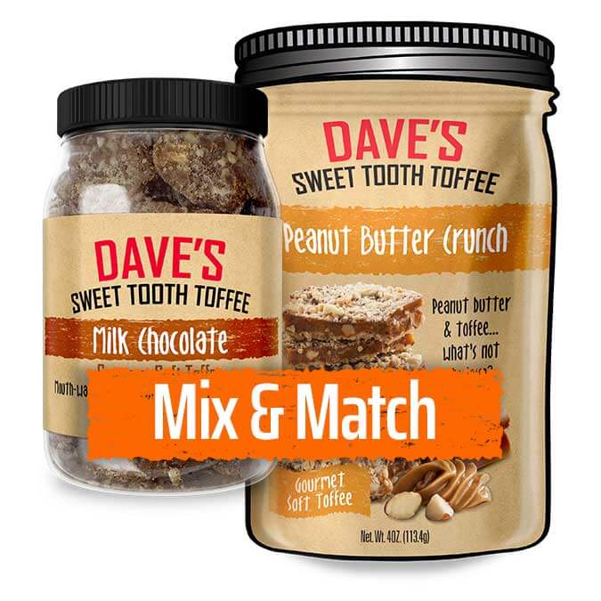 A selection of toffee jars and pouches showcasing various flavors, perfect for mixing and matching.