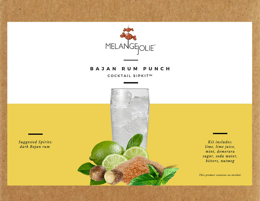 Mélange Jolie Bajan Rum Punch Cocktail SipKit™ with ingredients and highball glass displayed elegantly.
