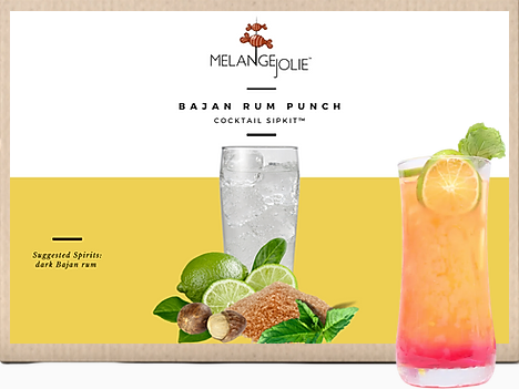 Mélange Jolie Bajan Rum Punch Cocktail SipKit™ with ingredients and highball glass displayed elegantly.