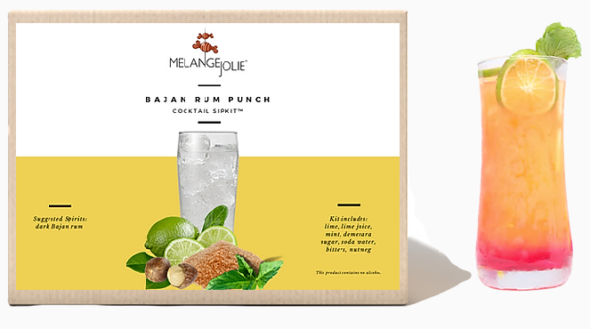 Mélange Jolie Bajan Rum Punch Cocktail SipKit™ with ingredients and highball glass displayed.