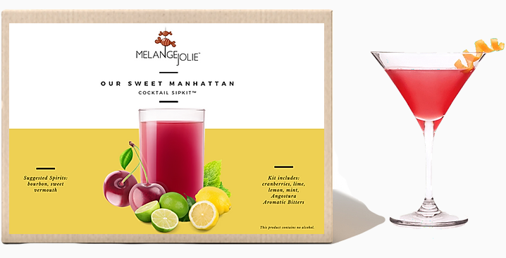 Mélange Jolie Sweet Manhattan Cocktail SipKit™ featuring a martini glass, bar spoon, and cocktail ingredients.