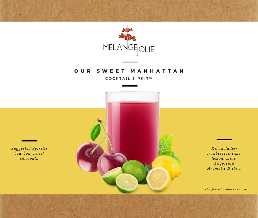 Mélange Jolie Sweet Manhattan Cocktail SipKit™ featuring a martini glass, bar spoon, and cocktail ingredients.