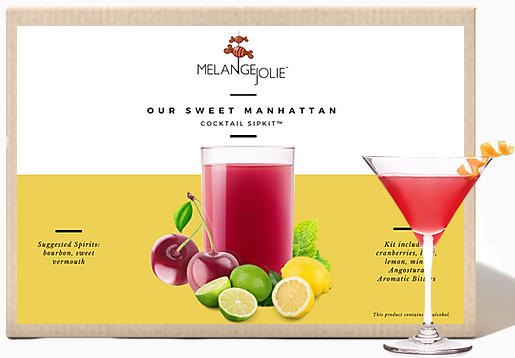 Mélange Jolie Sweet Manhattan Cocktail SipKit™ featuring a martini glass, bar spoon, and cocktail ingredients.