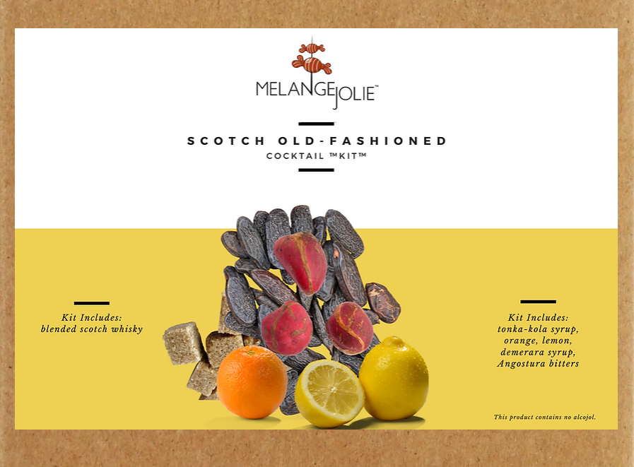 Mélange Jolie Scotch Old Fashioned Cocktail SipKit™ with ingredients and tools for crafting cocktails, including a double rocks glass and Tonka-Kola syrup.