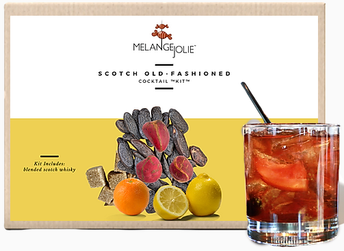 Mélange Jolie Scotch Old Fashioned Cocktail SipKit™ with ingredients and tools for crafting cocktails, including a double rocks glass and Tonka-Kola syrup.
