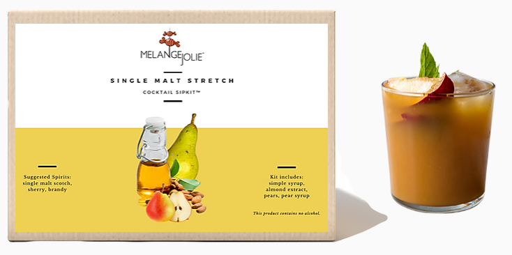 Mélange Jolie Single Malt Stretch Cocktail SipKit™ featuring rocks glass, bar spoon, cocktail picks, and fresh ingredients.