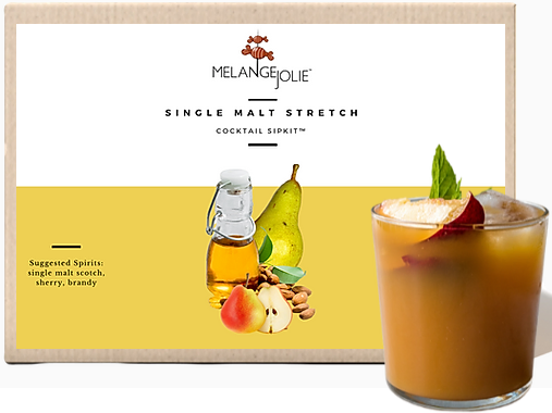 Mélange Jolie Single Malt Stretch Cocktail SipKit™ featuring rocks glass, bar spoon, cocktail picks, and fresh ingredients.