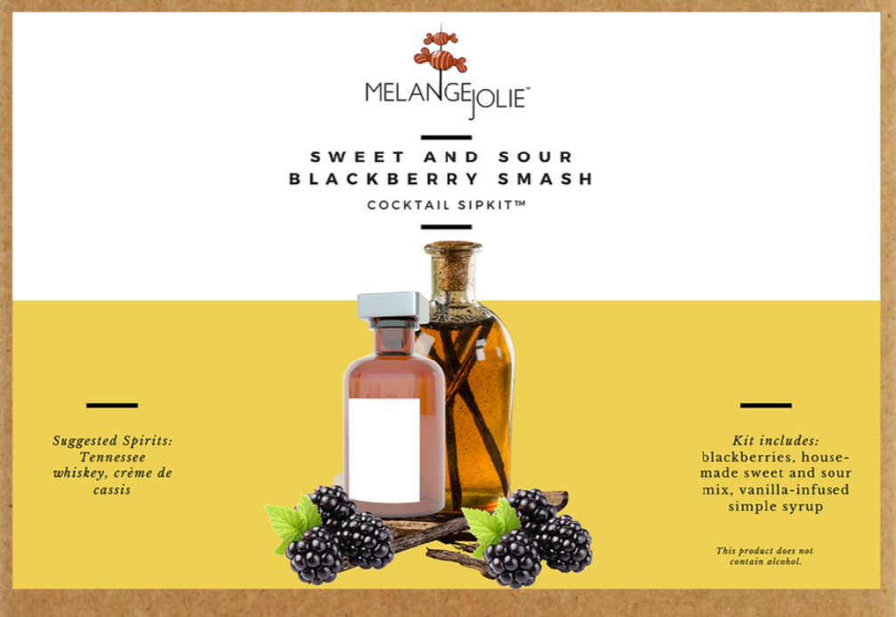 Mélange Jolie Sweet and Sour Blackberry Smash Cocktail SipKit™ with ingredients and tools for cocktail making.