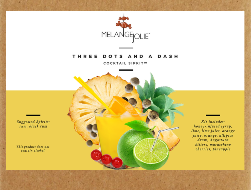 Mélange Jolie Three Dots and a Dash Cocktail SipKit™ with ingredients and glass displayed elegantly.