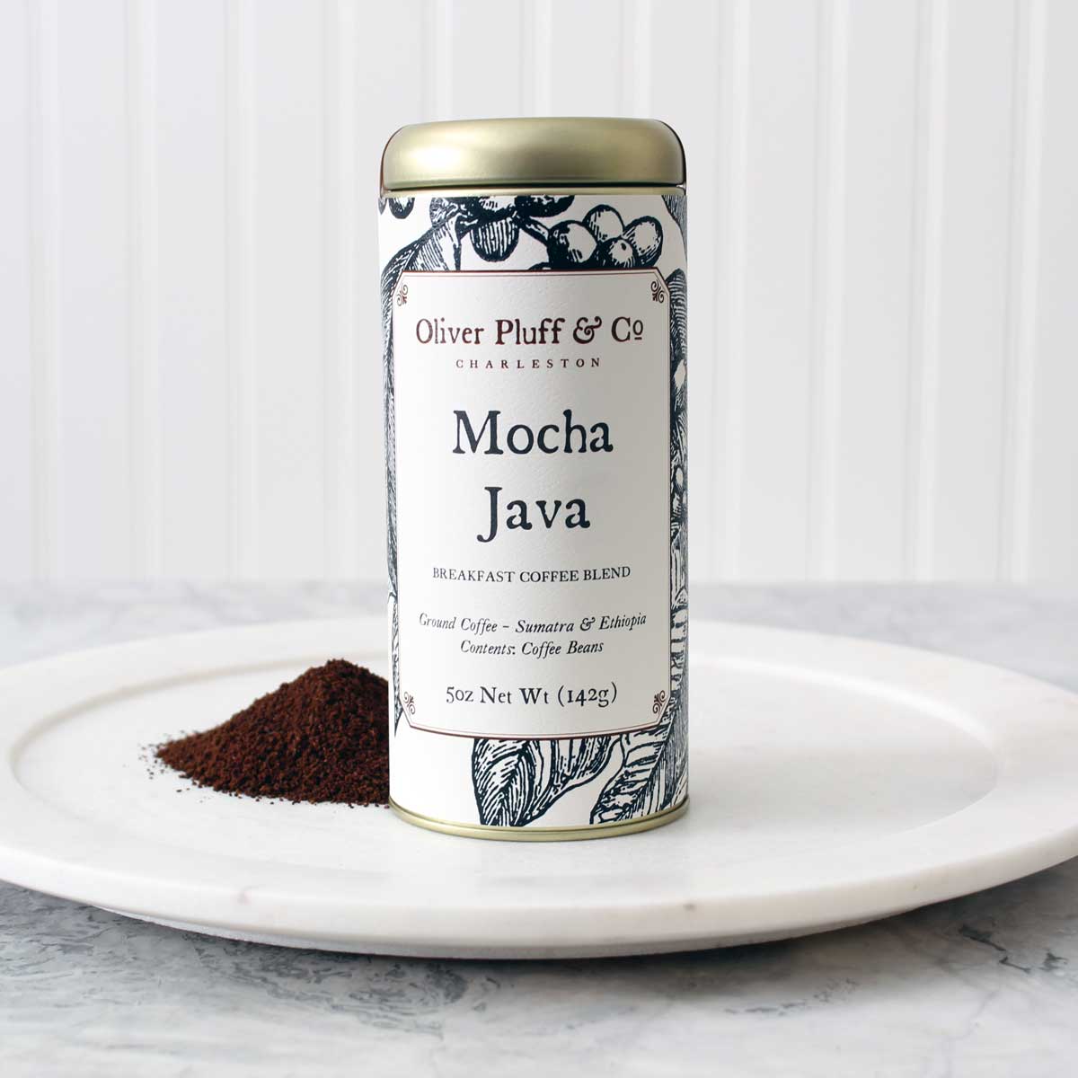 Mocha Java Ground Coffee tin showcasing the blend of Arabian Mocha and Indonesian Java beans.