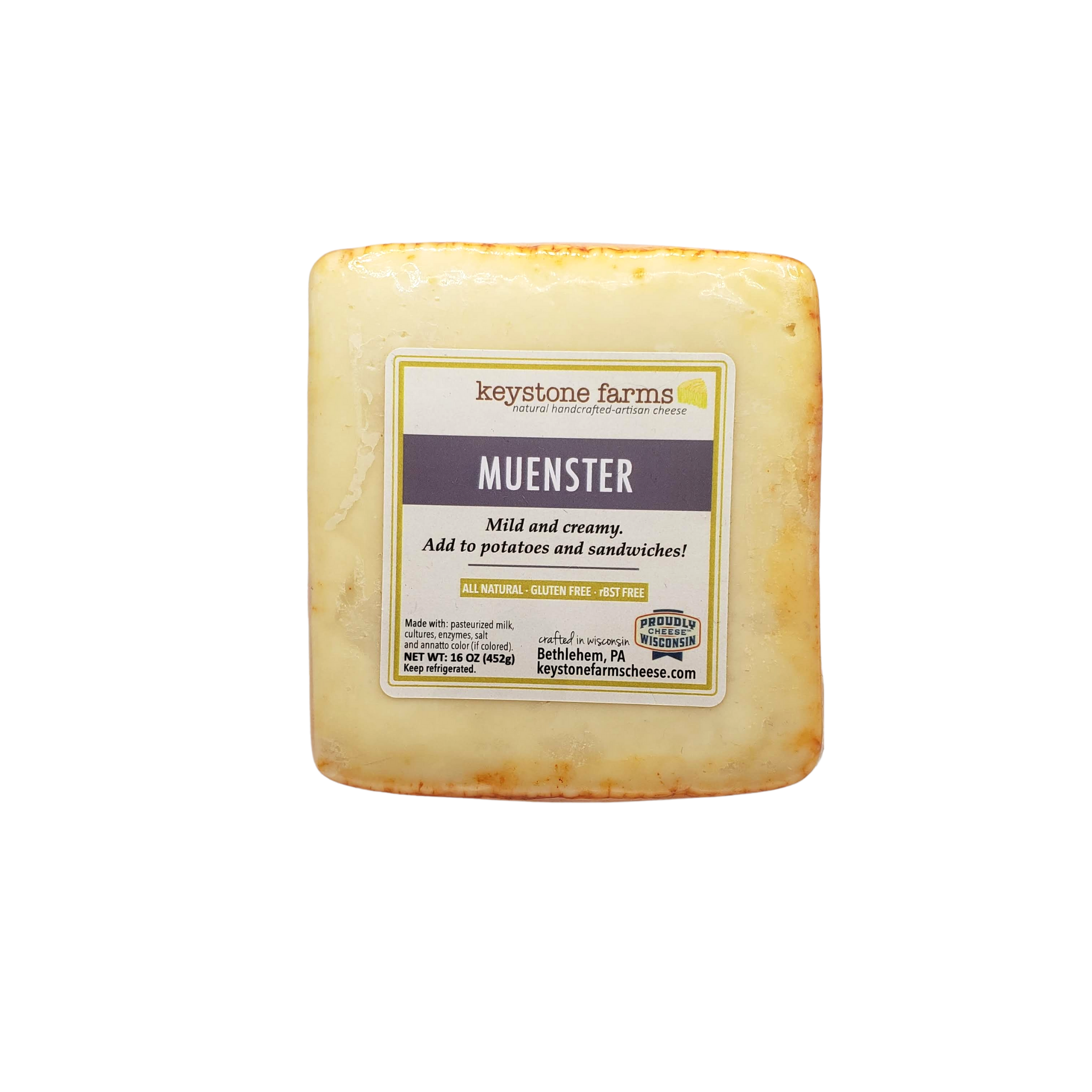 Wisconsin Muenster cheese block, semi-soft texture, ideal for slicing.