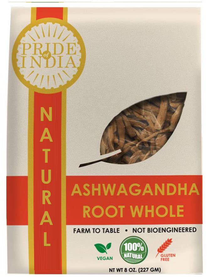 Natural Ashwagandha Root Whole in a 8oz package, showcasing its earthy color and texture, ideal for health enthusiasts.