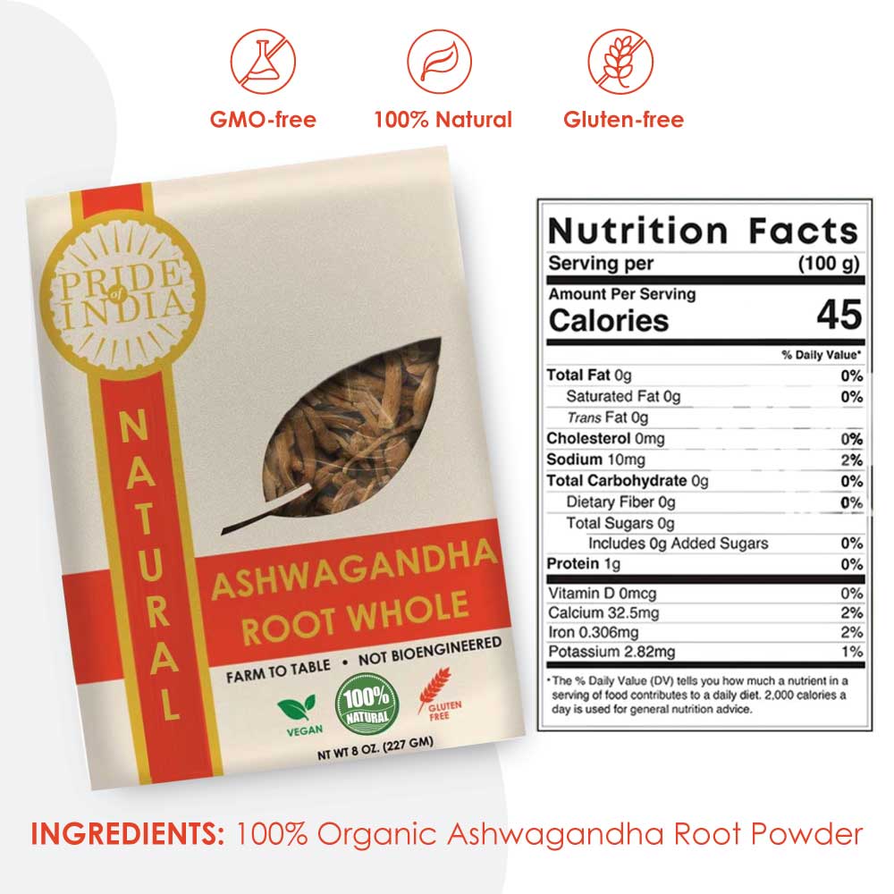 Natural Ashwagandha Root Whole in a 8oz package, showcasing its earthy color and texture, ideal for health enthusiasts.
