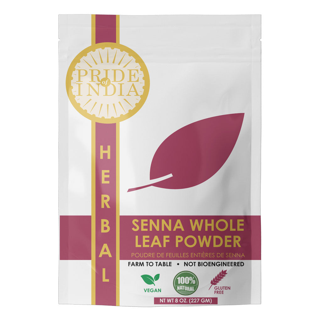 Natural Senna Herb Powder in a resealable pouch, showcasing its rich green color and fine texture.