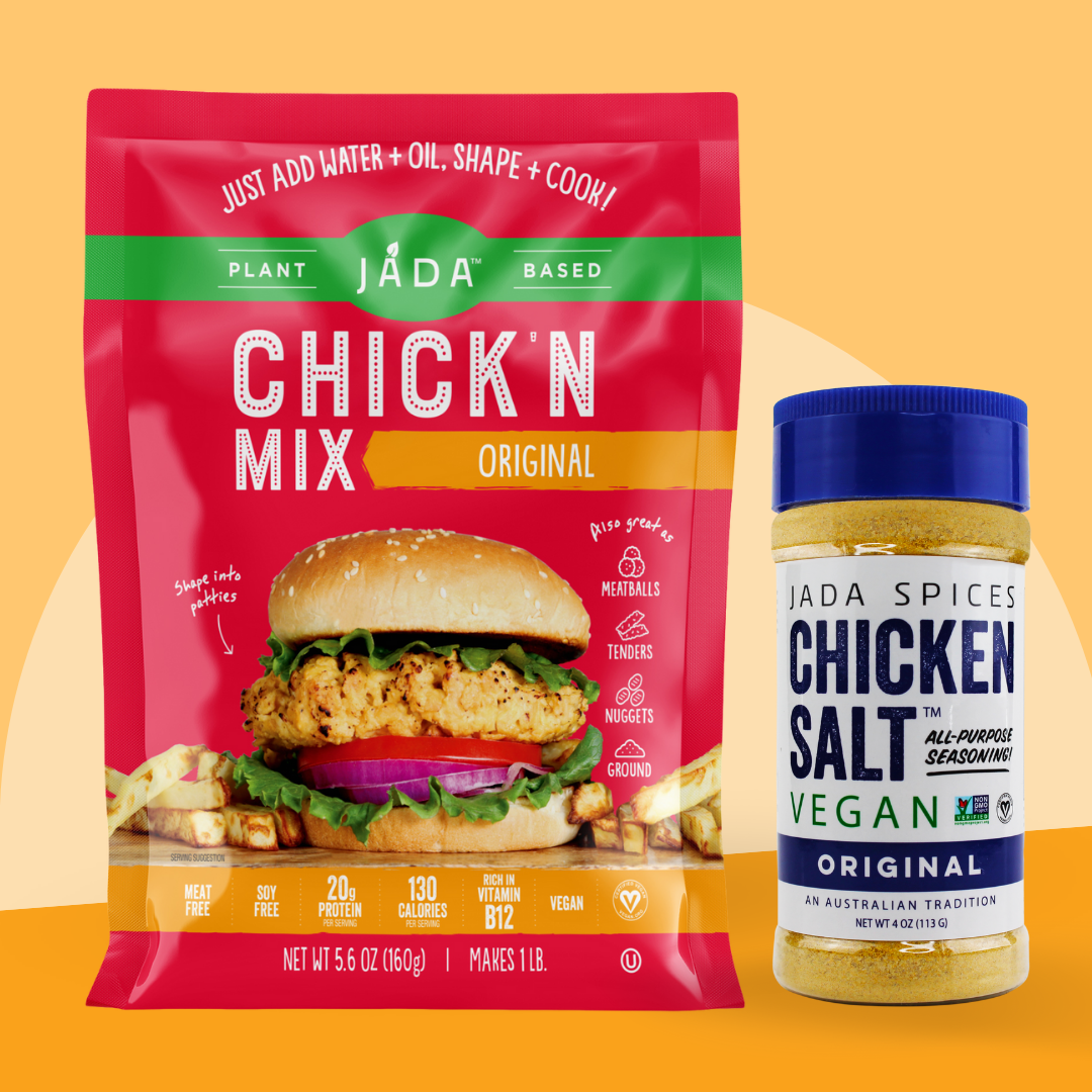 Plant-Based Original Chick'n Mix and Vegan Original Chicken Salt displayed together, showcasing the packaging and product details.