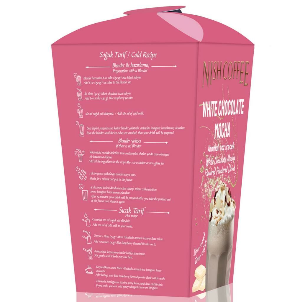 Nish Weiße Schokolade Mokka Getränkepulver in einer 250g Packung, ideal für cremige Getränke.