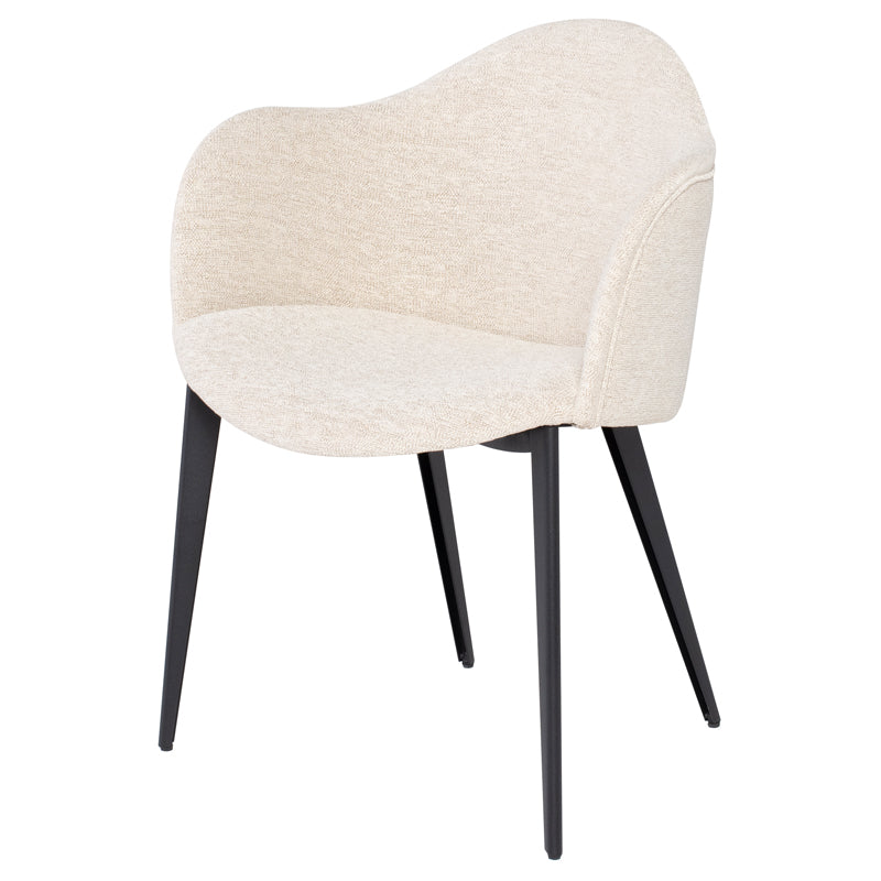 Nora Dining Chair-Shell with curved backrest and soft upholstery in shell boucle, featuring a matte black steel frame.