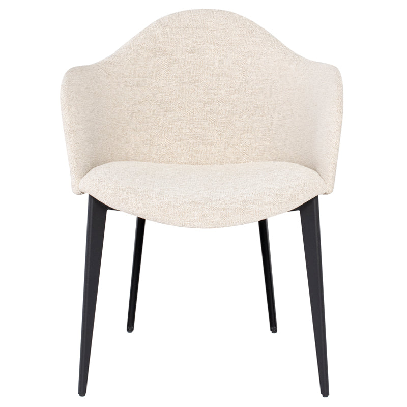 Nora Dining Chair-Shell with curved backrest and soft upholstery in shell boucle, featuring a matte black steel frame.