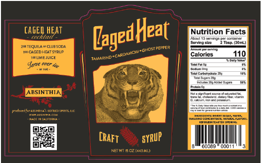 Caged Heat cocktail syrup featuring tamarind, cardamom, and ghost pepper in elegant glass bottles.