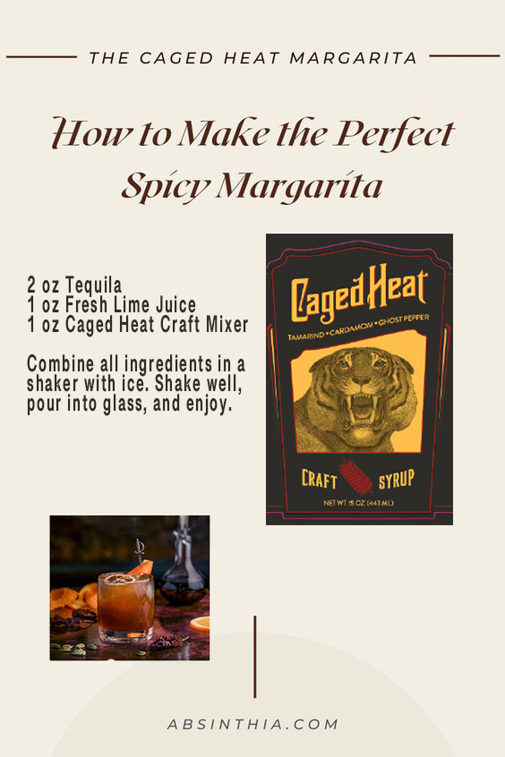 Caged Heat cocktail syrup featuring tamarind, cardamom, and ghost pepper in elegant glass bottles.