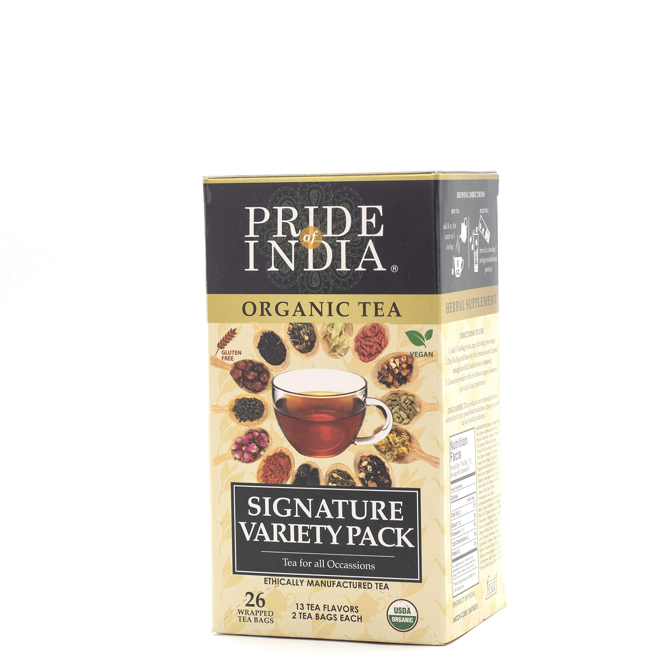 A pack of Organic Assorted Signature Variety Tea Bags featuring 13 unique flavors, beautifully wrapped and displayed.