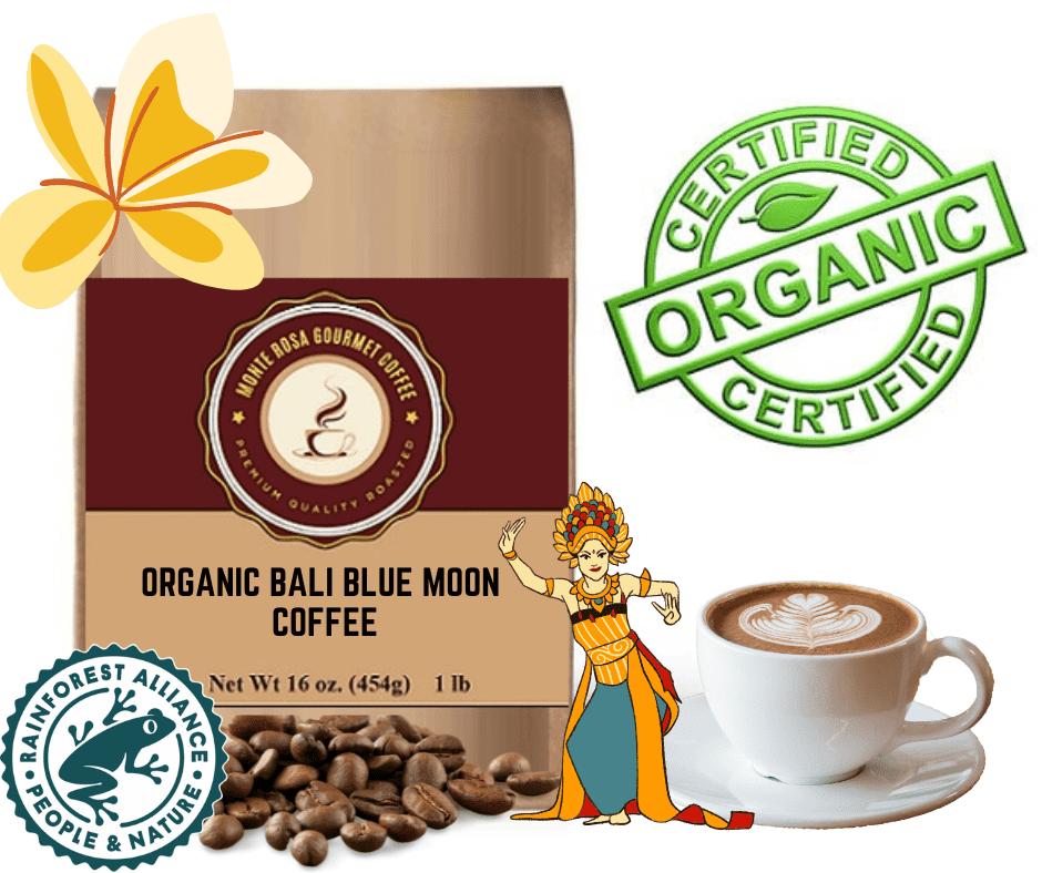 A bag of Organic Bali Blue Moon Coffee showcasing its rich, dark beans, with a scenic backdrop of the Kintamani Highlands in Bali.
