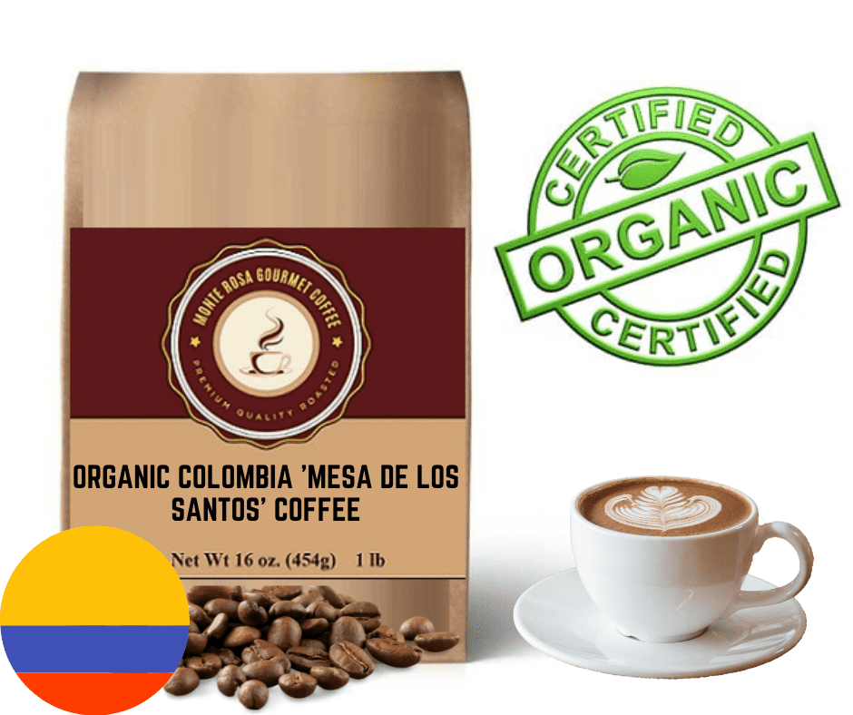 A bag of Organic Colombia 'Mesa de los Santos' coffee showcasing its eco-friendly packaging and rich coffee beans.