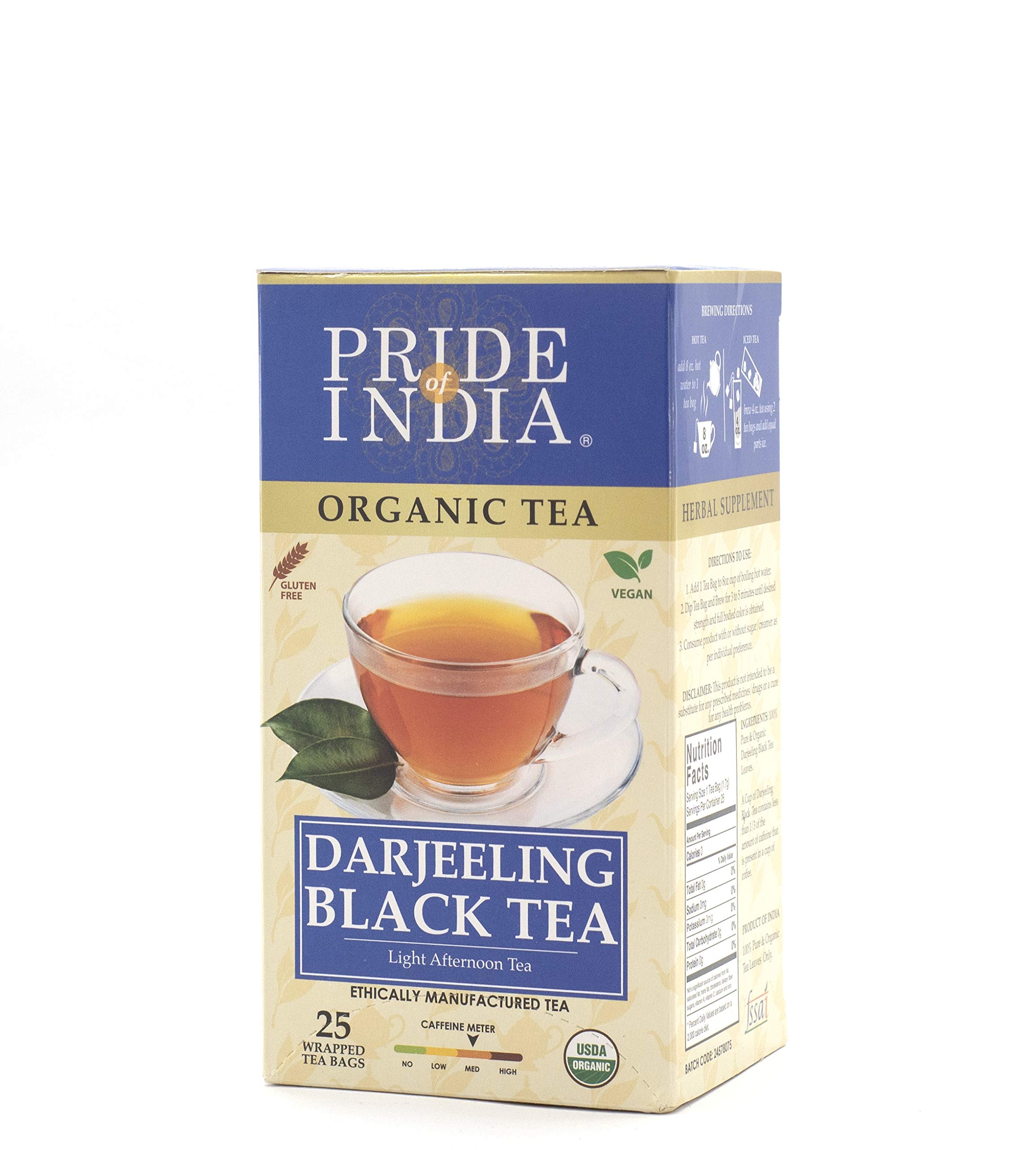 A pack of Organic Darjeeling Afternoon Black Tea Bags, showcasing the elegant design and individually wrapped tea bags inside.