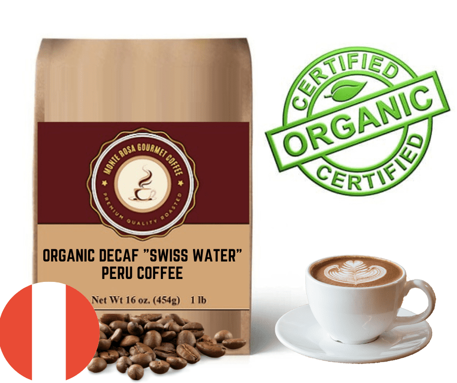 A bag of Organic Decaf 'Swiss Water' Peru Coffee showcasing its rich, earthy design and organic certification.