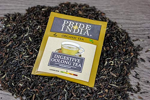 A pack of Organic Digestive Oolong Tea Bags featuring 25 tea bags, showcasing its USDA organic certification and vibrant packaging.