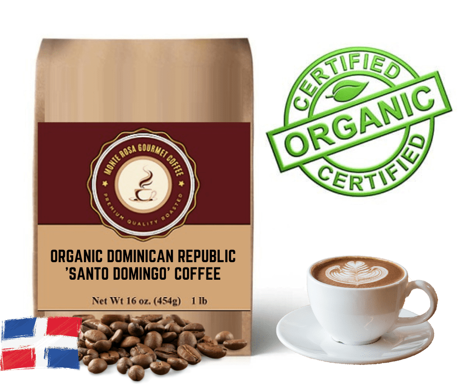 A bag of Organic Dominican Republic 'Santo Domingo' Coffee showcasing its green, unroasted beans, highlighting its organic certification and rich heritage.