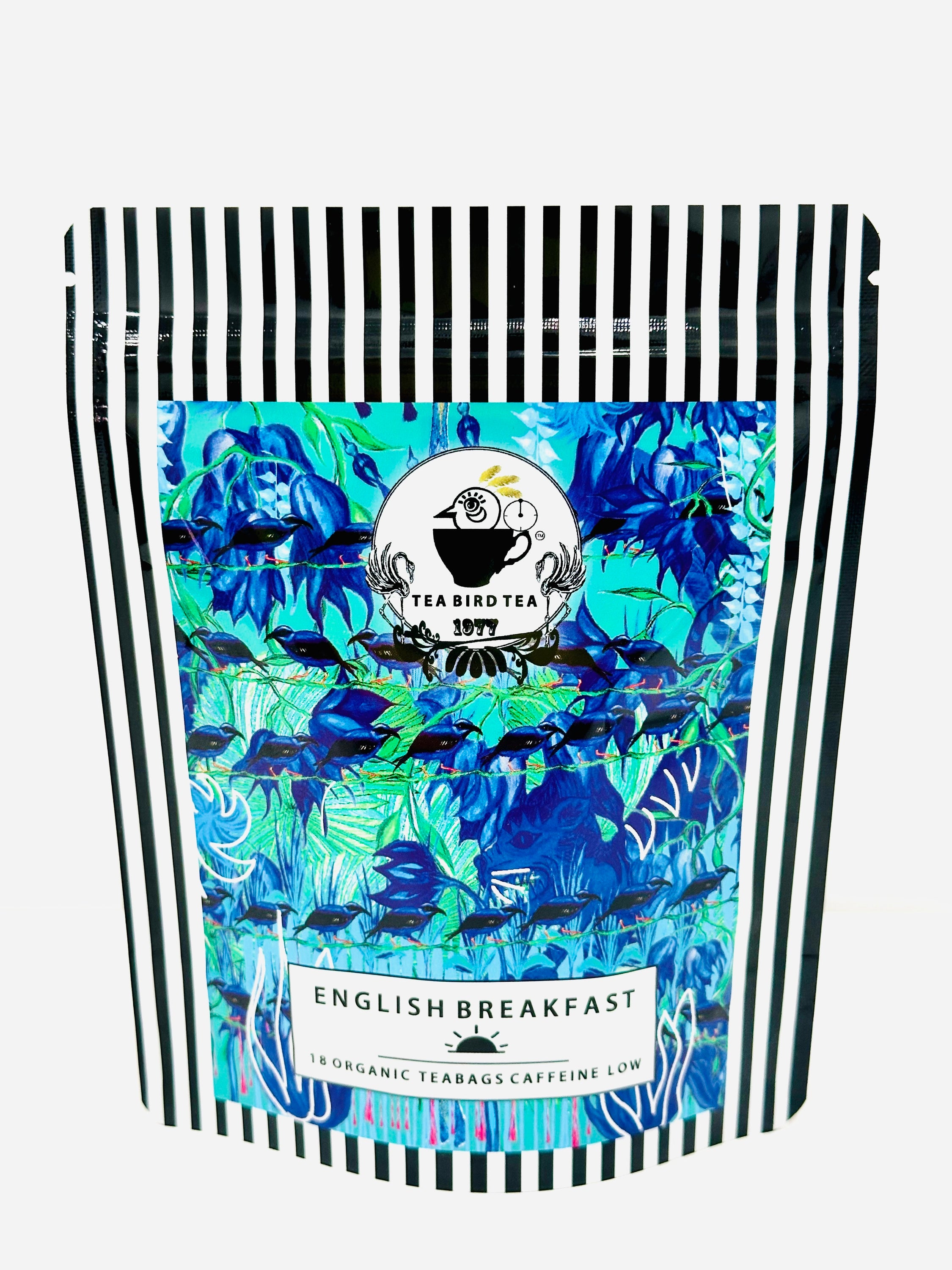 A tin of Organic English Breakfast Bumper 18 Teabags showcasing the packaging and teabags inside.
