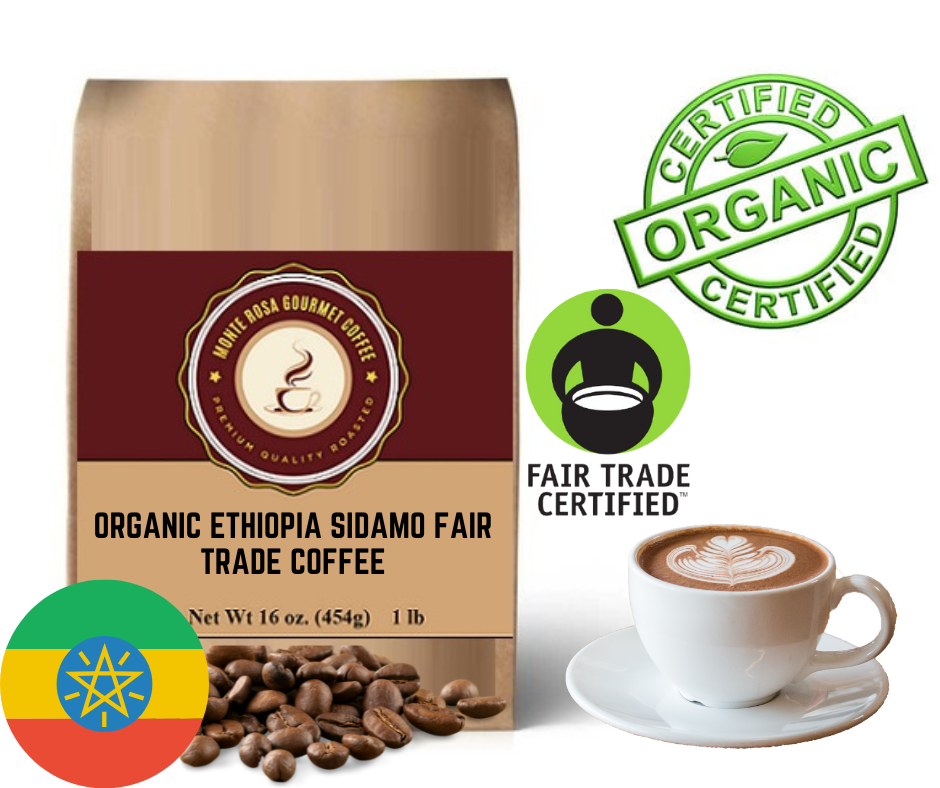 A bag of Organic Ethiopia Sidamo Fair Trade Coffee showcasing its rich, aromatic beans, perfect for brewing a delightful cup.