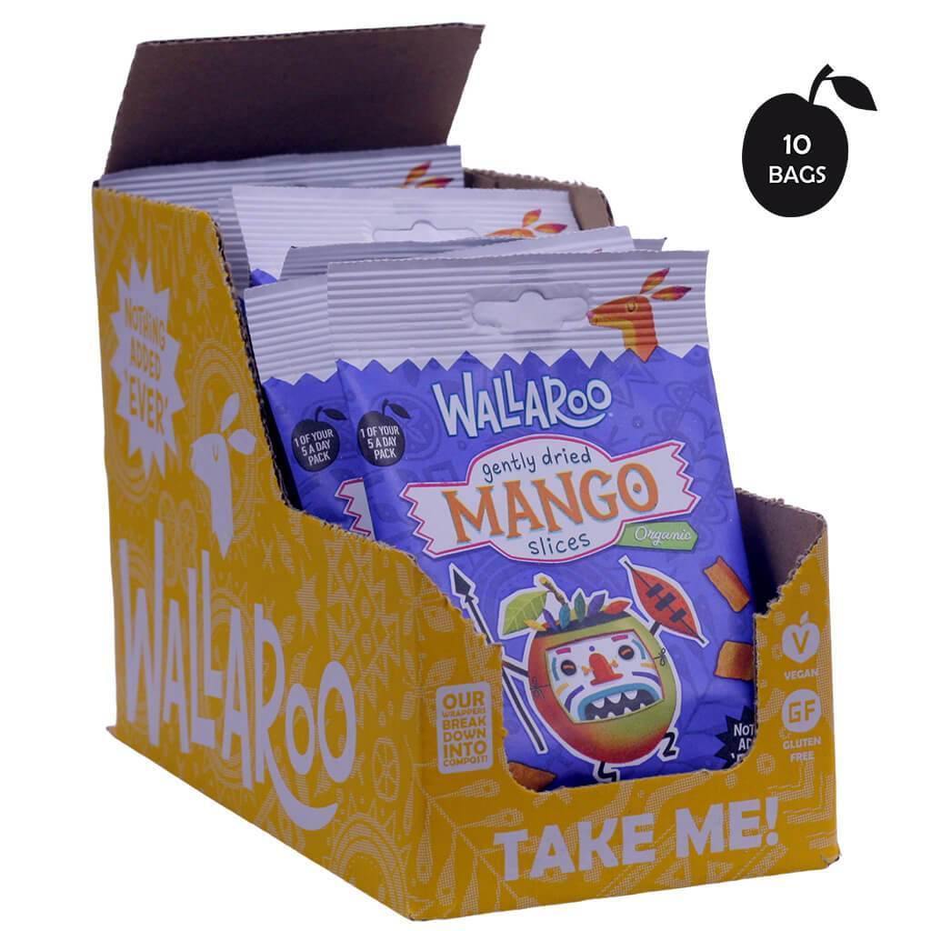 A box of Organic Gently Dried Mango Slices with individual bags showcasing the vibrant yellow mango slices inside.