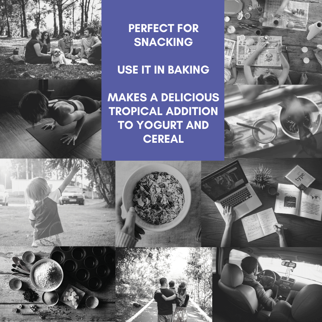 A box of Organic Gently Dried Mango Slices with individual bags showcasing the vibrant yellow mango slices inside.