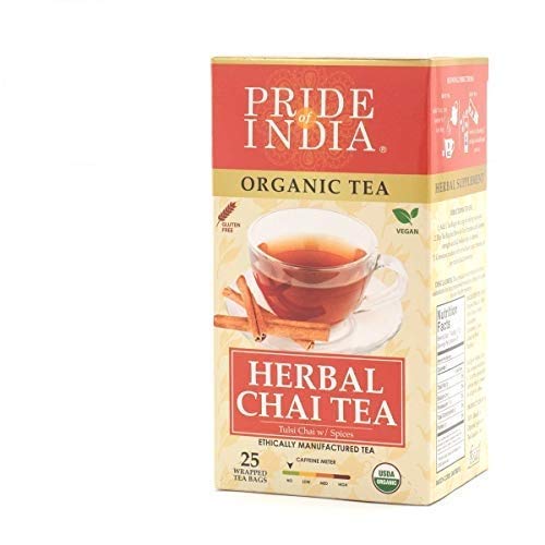Pack of 6 Organic Herbal Tulsi Chai Tea Bags featuring a blend of Tulsi and spices, beautifully packaged for freshness.