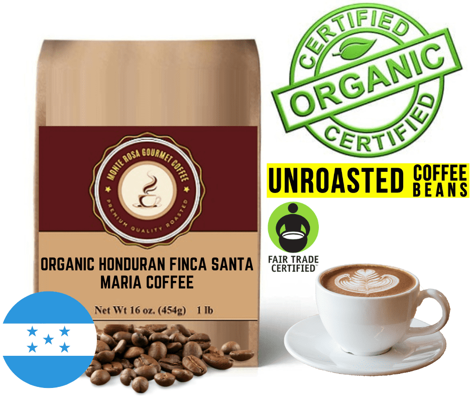 A bag of Organic Honduran Finca Santa Maria Coffee showcasing its vibrant packaging and green unroasted coffee beans.
