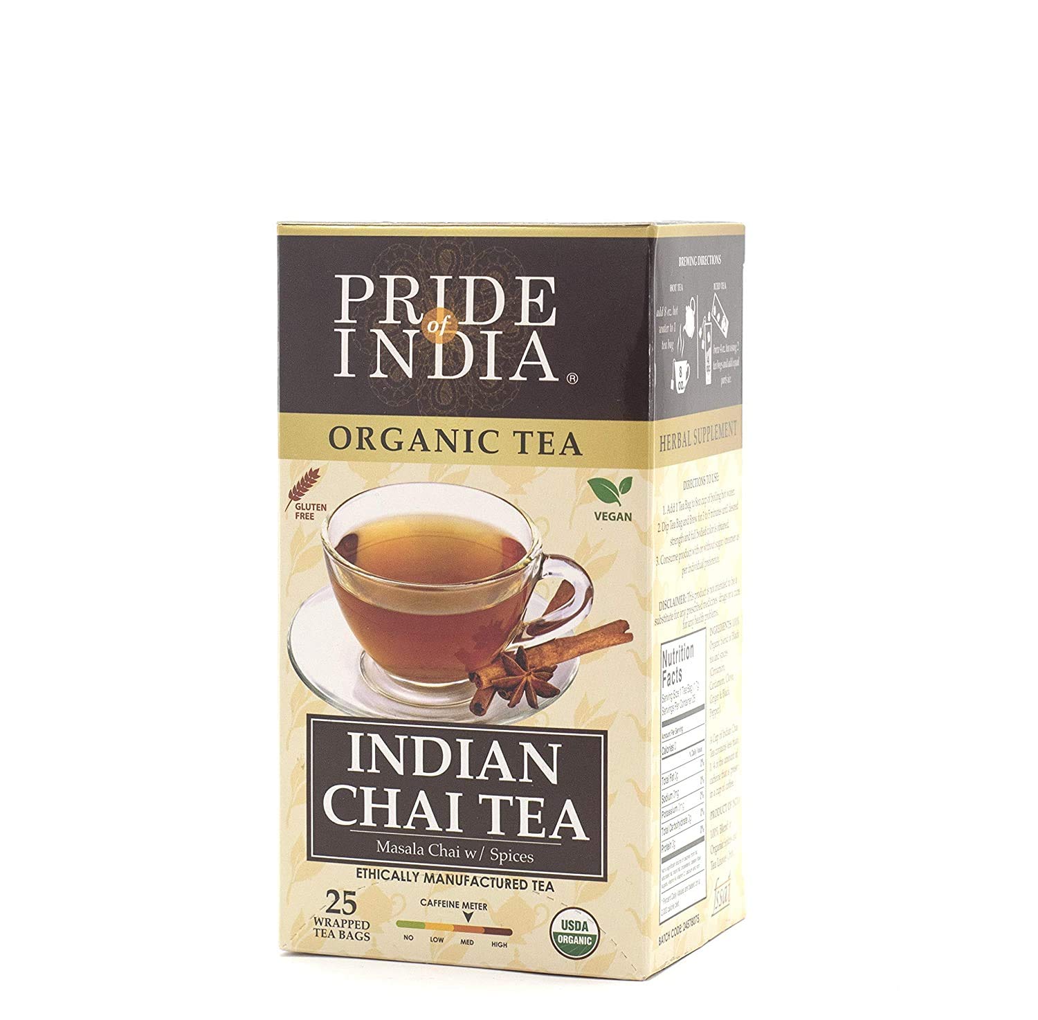 Pack of 6 Organic Indian Masala Spice Chai Tea Bags with a blend of Assam black tea and exotic spices.