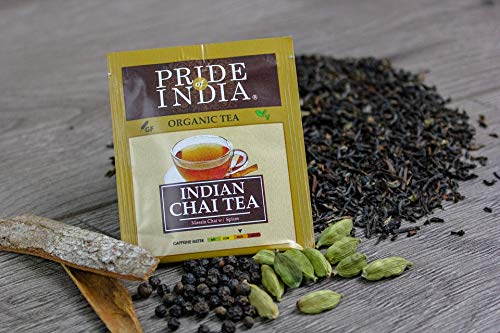 Pack of 6 Organic Indian Masala Spice Chai Tea Bags with a blend of Assam black tea and exotic spices.