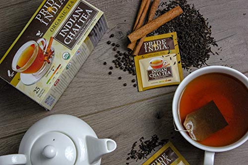 Pack of 6 Organic Indian Masala Spice Chai Tea Bags with a blend of Assam black tea and exotic spices.