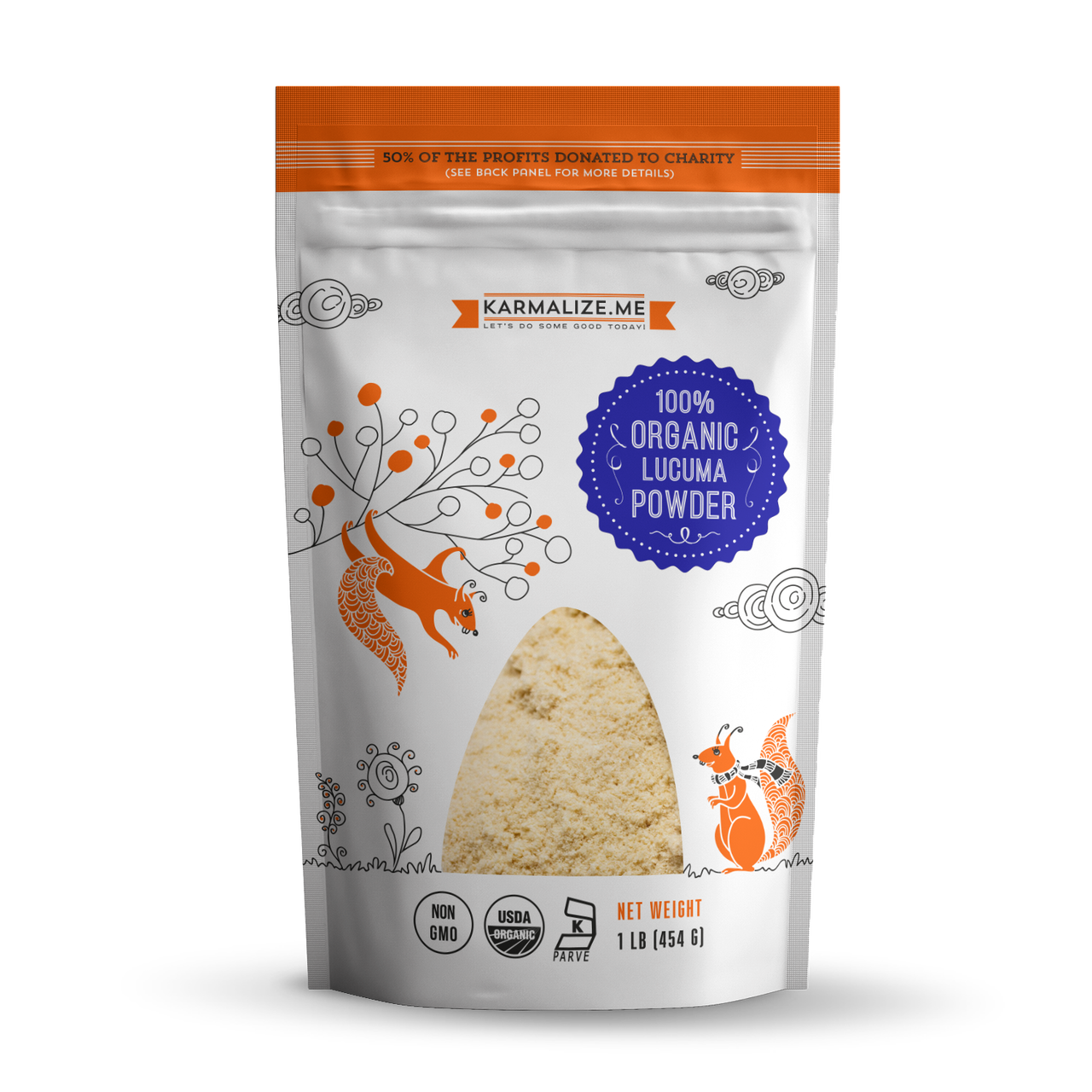 A bag of Organic Lucuma Powder with a scoop, showcasing its fine texture and golden color, ideal for smoothies and desserts.