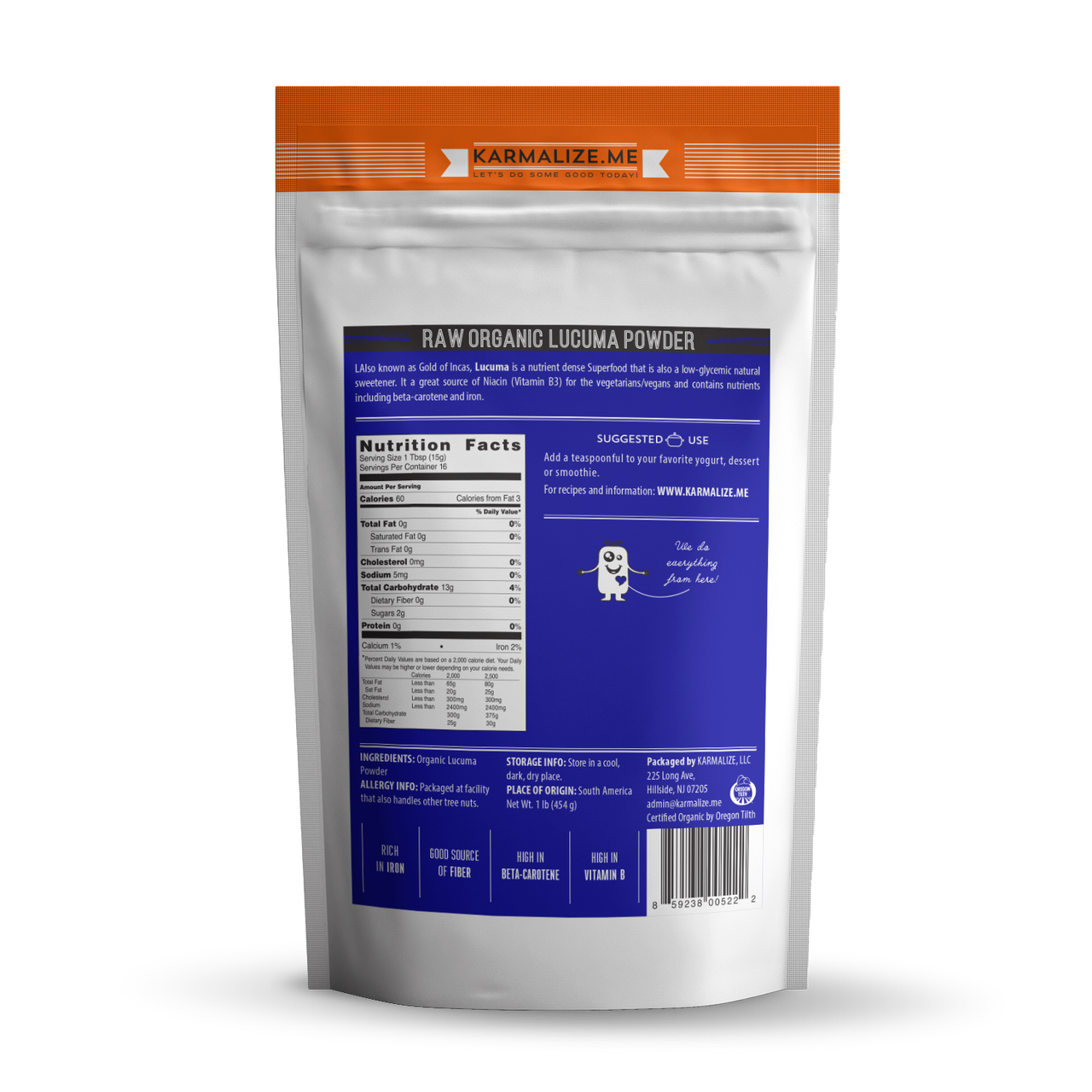 A bag of Organic Lucuma Powder with a scoop, showcasing its fine texture and golden color, ideal for smoothies and desserts.