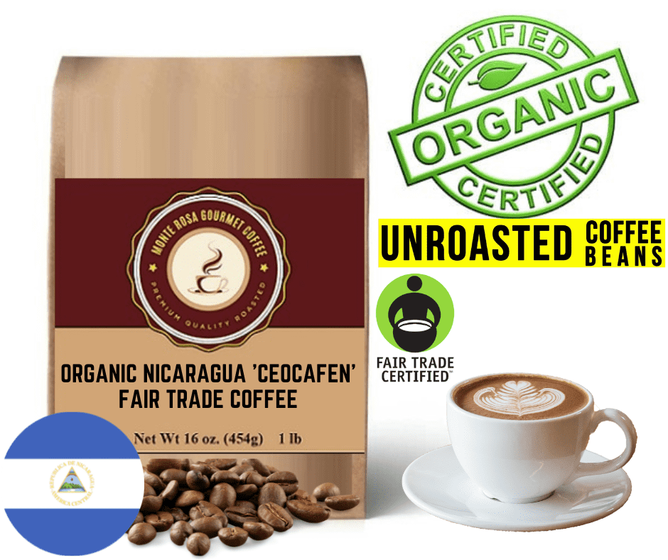 A bag of Organic Nicaragua 'Ceocafen' Fair Trade Coffee showcasing its eco-friendly packaging and rich coffee beans.