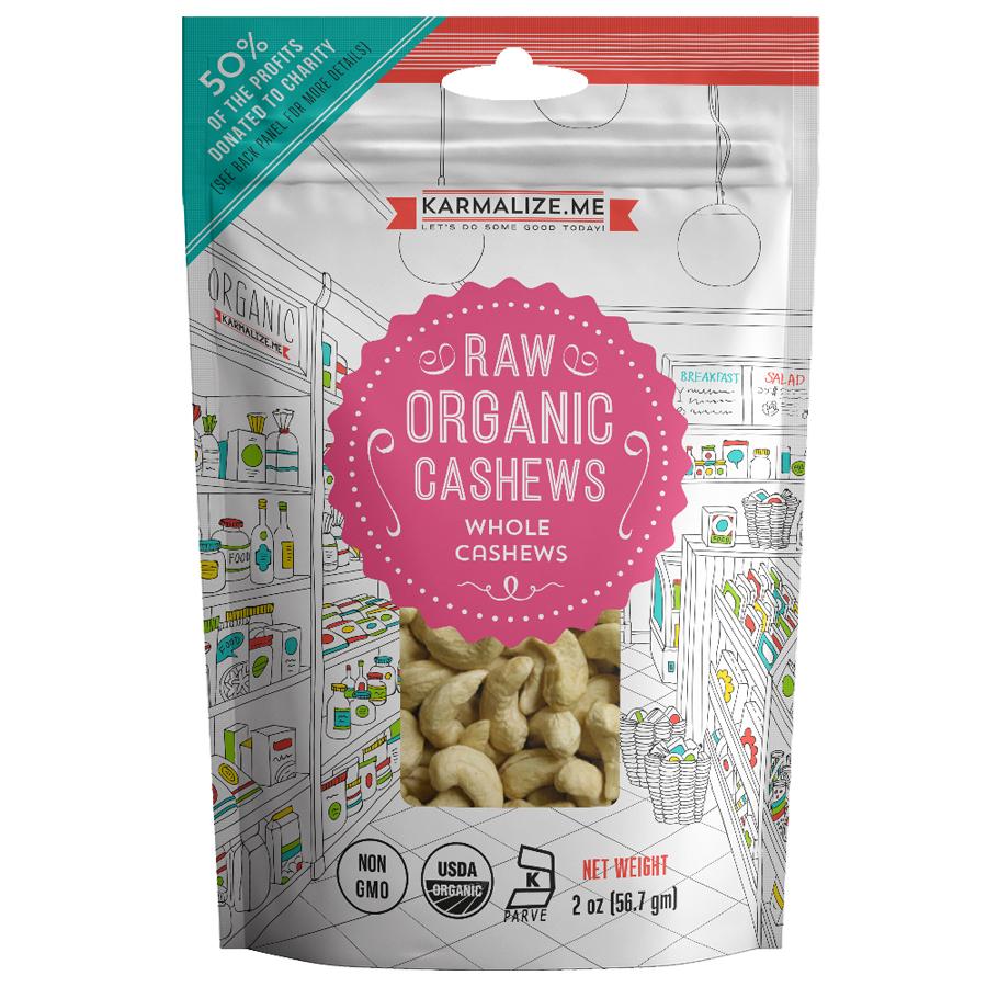 A 2 oz snack pack of organic raw cashews, showcasing the healthy and delicious nuts inside.