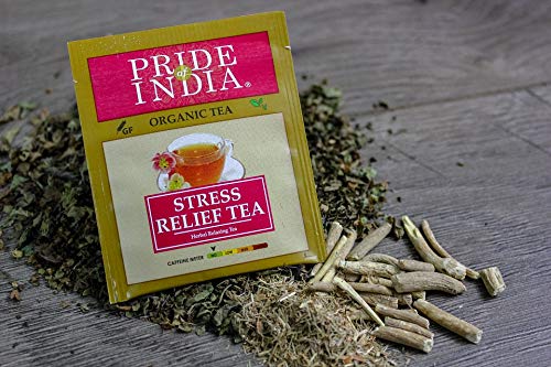 A pack of Organic Stress Relief Tea Bags featuring a blend of Mint, Tulsi, Lemongrass, Arjuna, and Ashwagandha, ideal for relaxation.