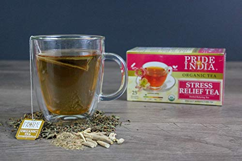 A pack of Organic Stress Relief Tea Bags featuring a blend of Mint, Tulsi, Lemongrass, Arjuna, and Ashwagandha, ideal for relaxation.